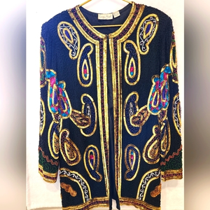Laurence Kazar 2X Silk‎ Beaded Long Jacket Cardigan Vintage 80s Sequins